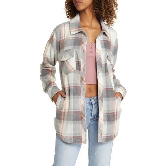 Thread & Supply Pink + Grey Plaid Polar Fleece Shacket - Small - Picture 1 of 10